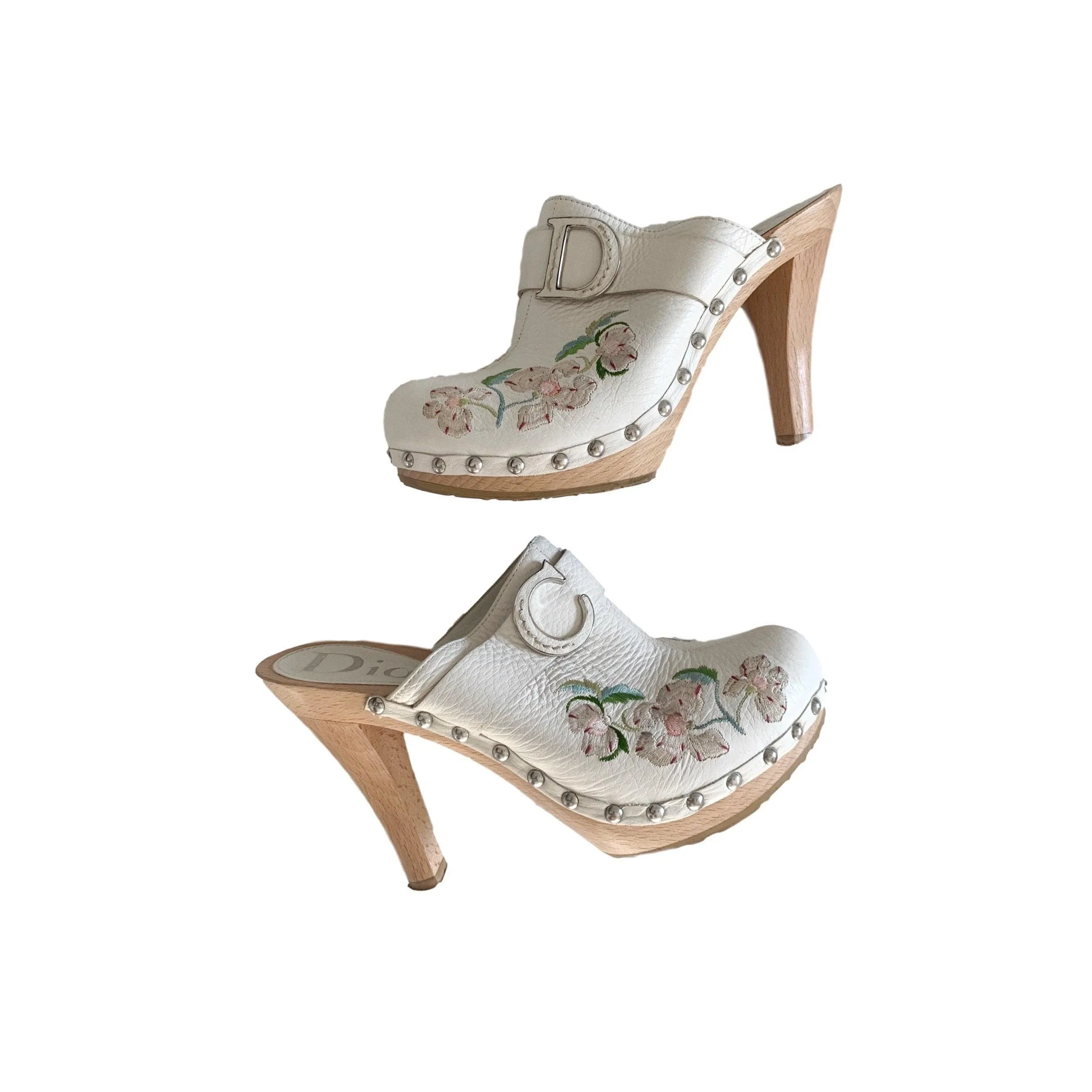Dior White Floral Logo Clog Heels