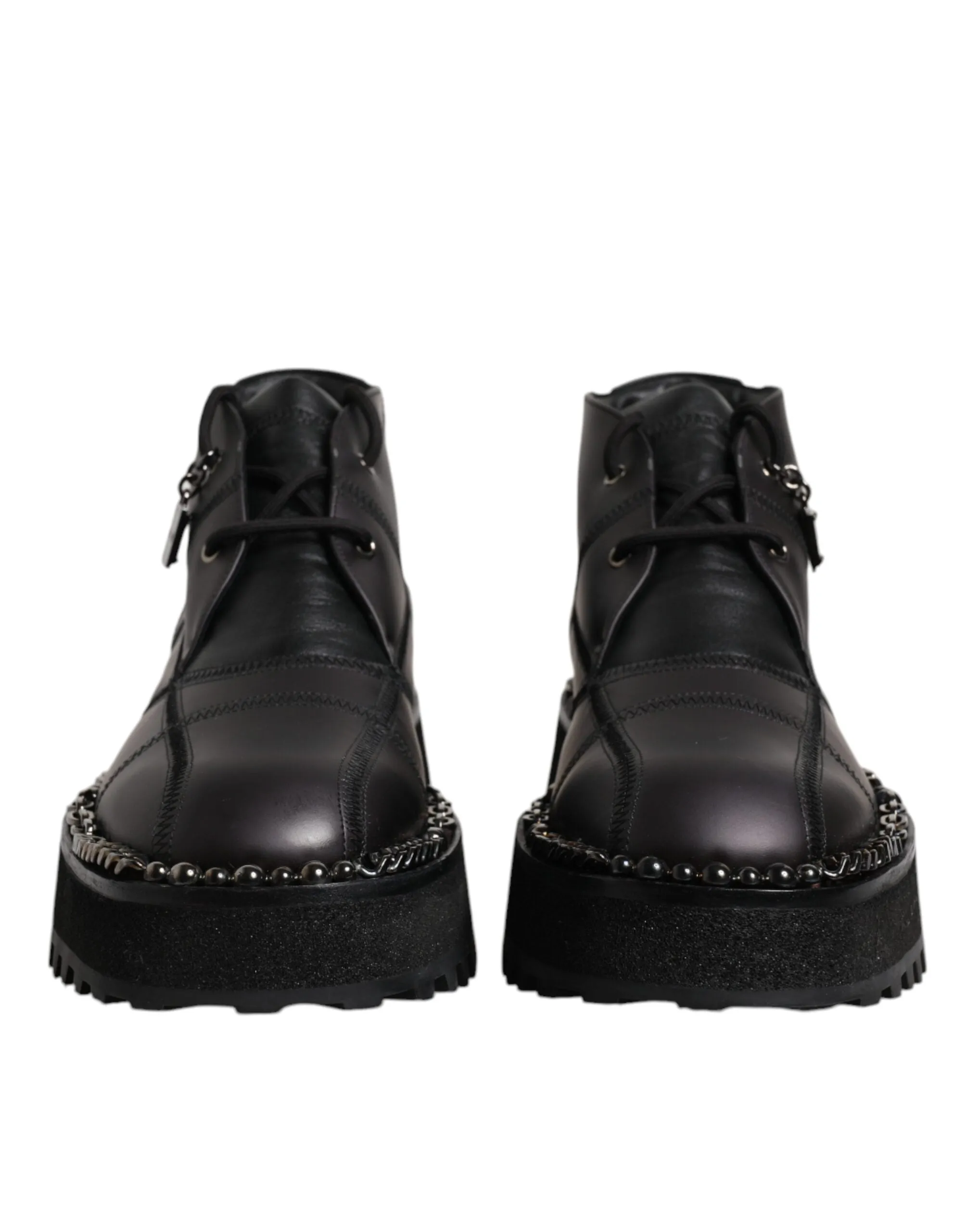 Dolce&Gabbana Men Black Ankle Shoes Leather Lace Up Casual Wedge Boots Sz EUR 44