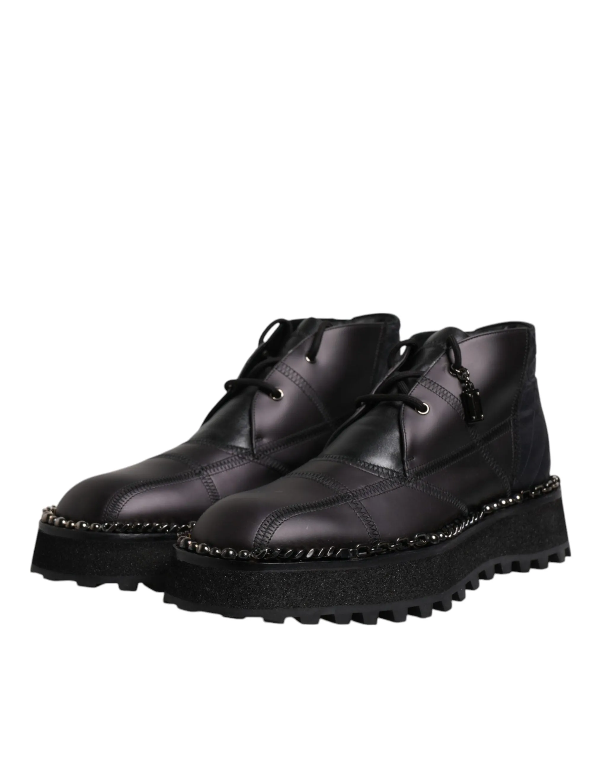Dolce&Gabbana Men Black Ankle Shoes Leather Lace Up Casual Wedge Boots Sz EUR 44