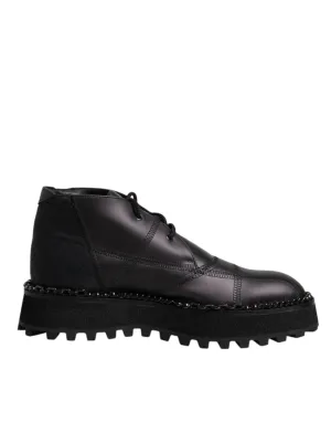 Dolce&Gabbana Men Black Ankle Shoes Leather Lace Up Casual Wedge Boots Sz EUR 44
