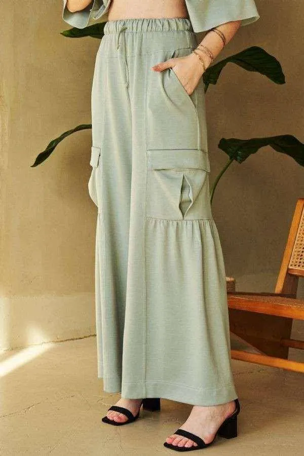 Drawstring Ruched Detail Wide Leg Pants