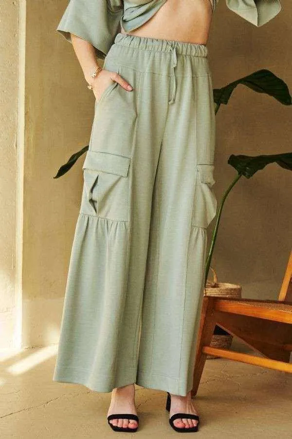 Drawstring Ruched Detail Wide Leg Pants