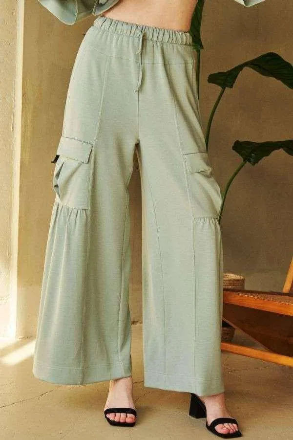 Drawstring Ruched Detail Wide Leg Pants