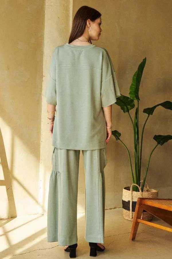 Drawstring Ruched Detail Wide Leg Pants