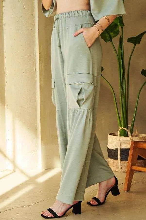 Drawstring Ruched Detail Wide Leg Pants