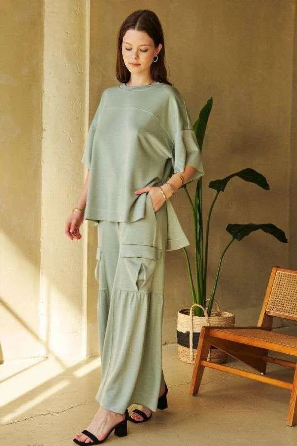 Drawstring Ruched Detail Wide Leg Pants
