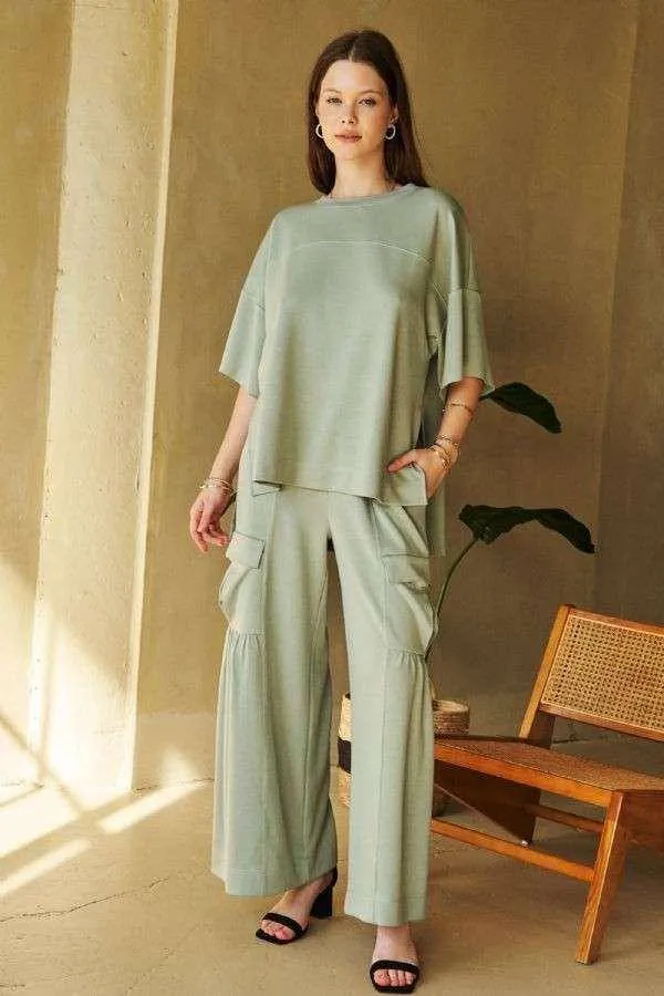 Drawstring Ruched Detail Wide Leg Pants