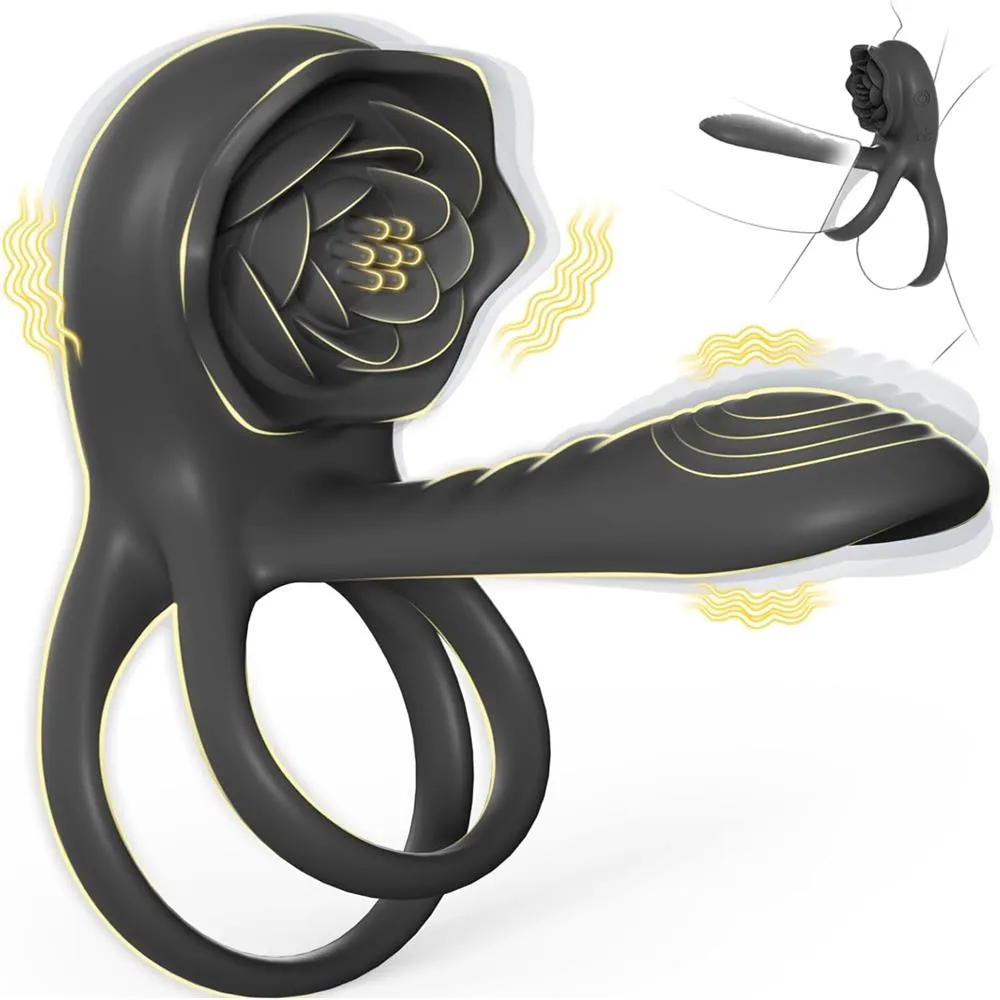 Dual Romance Double Penis Rings Combined with Rose Clitoral Stimulator