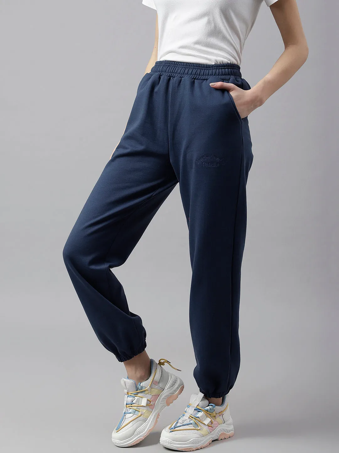 Fitkin Women Blue Solid Oversized Fleece Jogger Pants