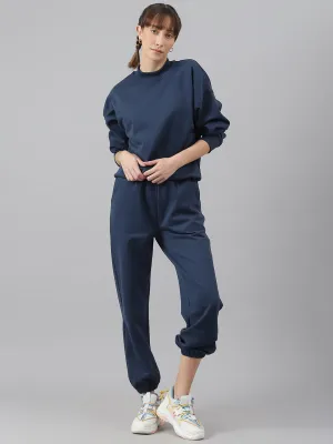 Fitkin Women Blue Solid Oversized Fleece Jogger Pants