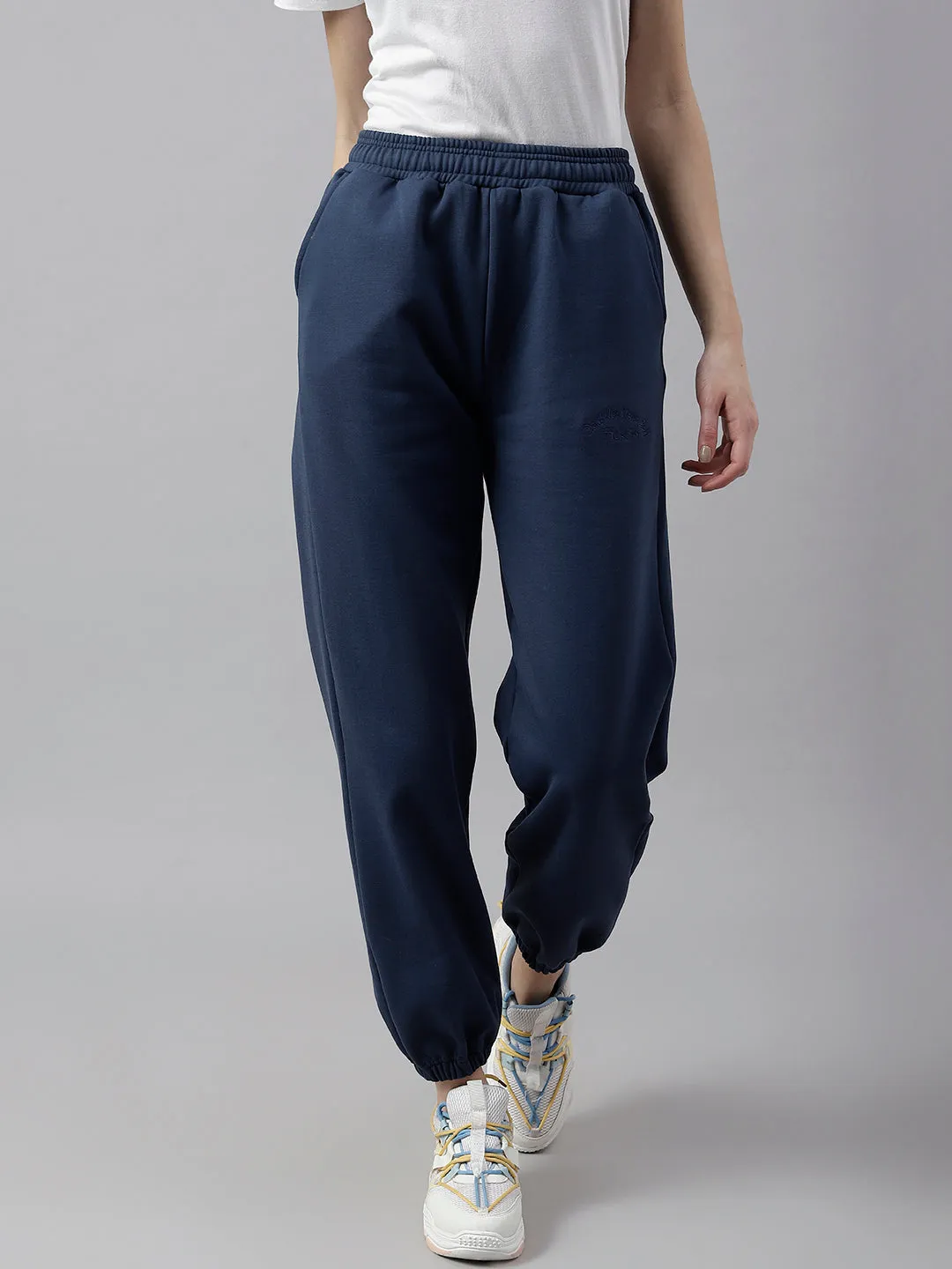 Fitkin Women Blue Solid Oversized Fleece Jogger Pants