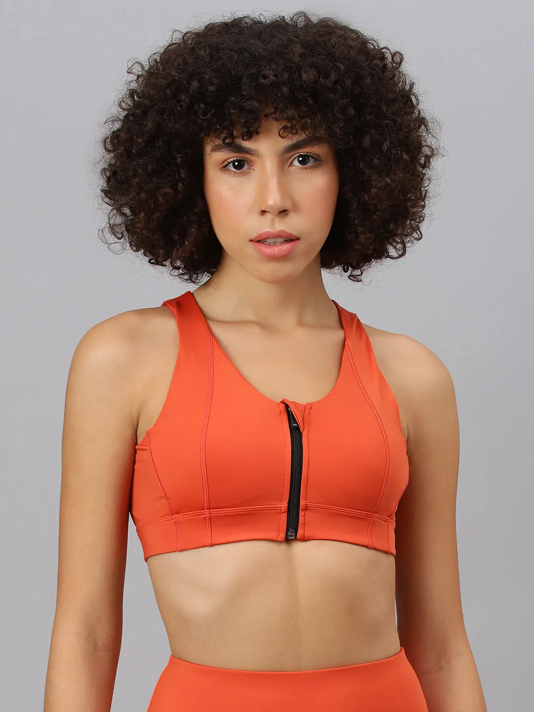 Fitkin Women's Rust Front Zipper Sports Bra