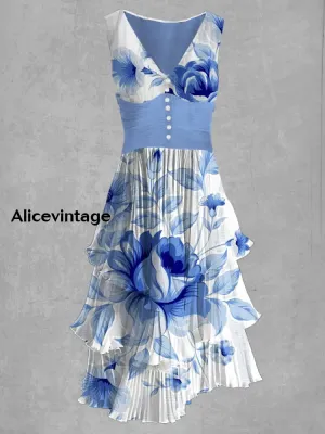 Floral Art Print Sleeveless V-Neck Button Up Retro Midi Dress
