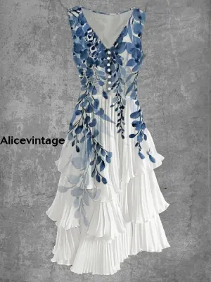 Floral Art Print Sleeveless V-Neck Button Up Retro Midi Dress