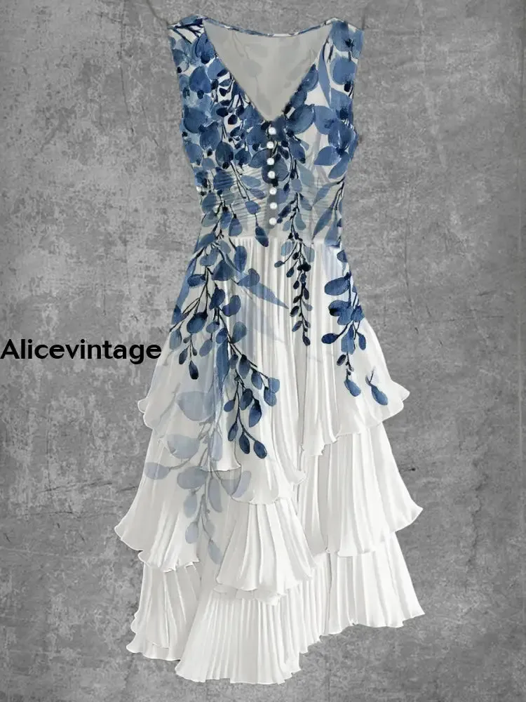 Floral Art Print Sleeveless V-Neck Button Up Retro Midi Dress