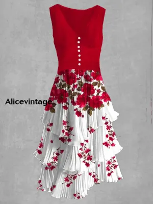 Floral Art Print Sleeveless V-Neck Button Up Retro Midi Dress