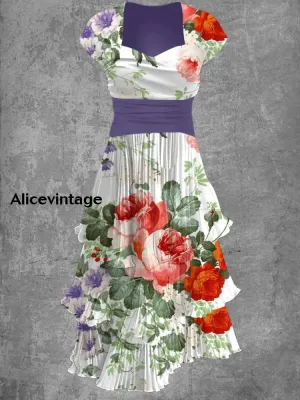 Floral Art Print V-Neck Vintage Chic Short Sleeve Midi Dress