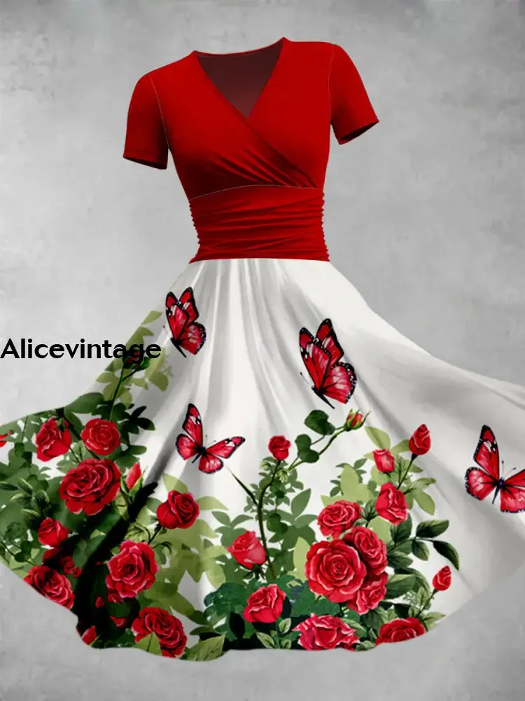 Floral Butterfly Art Printed V-Neck Vintage Fashion Short Sleeve Midi Dress