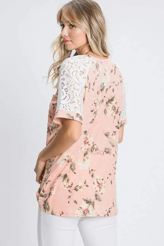 Floral Lace Raglan-Sleeve Top in Blush