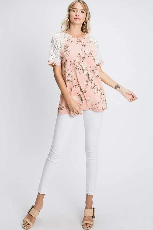 Floral Lace Raglan-Sleeve Top in Blush