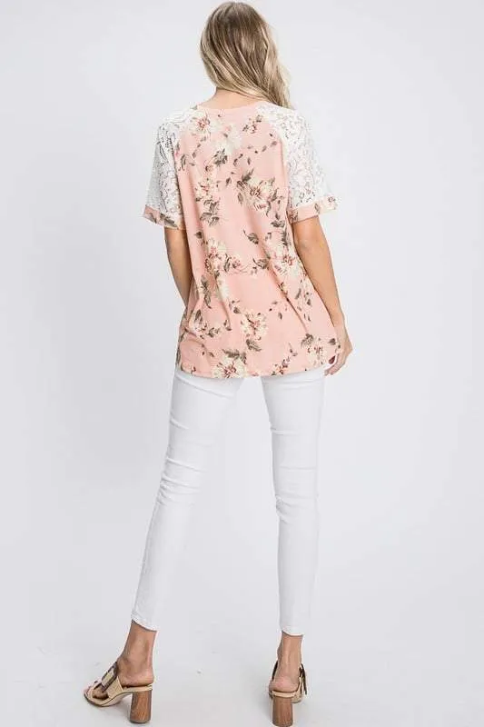 Floral Lace Raglan-Sleeve Top in Blush