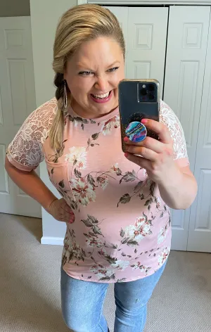 Floral Lace Raglan-Sleeve Top in Blush