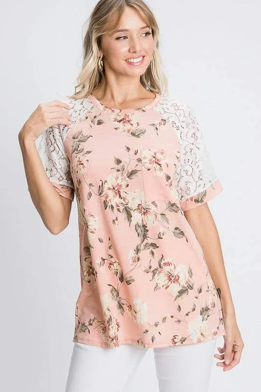 Floral Lace Raglan-Sleeve Top in Blush