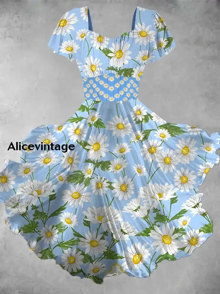 Floral Print Short Sleeve Vintage Midi Dress