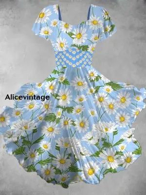 Floral Print Short Sleeve Vintage Midi Dress