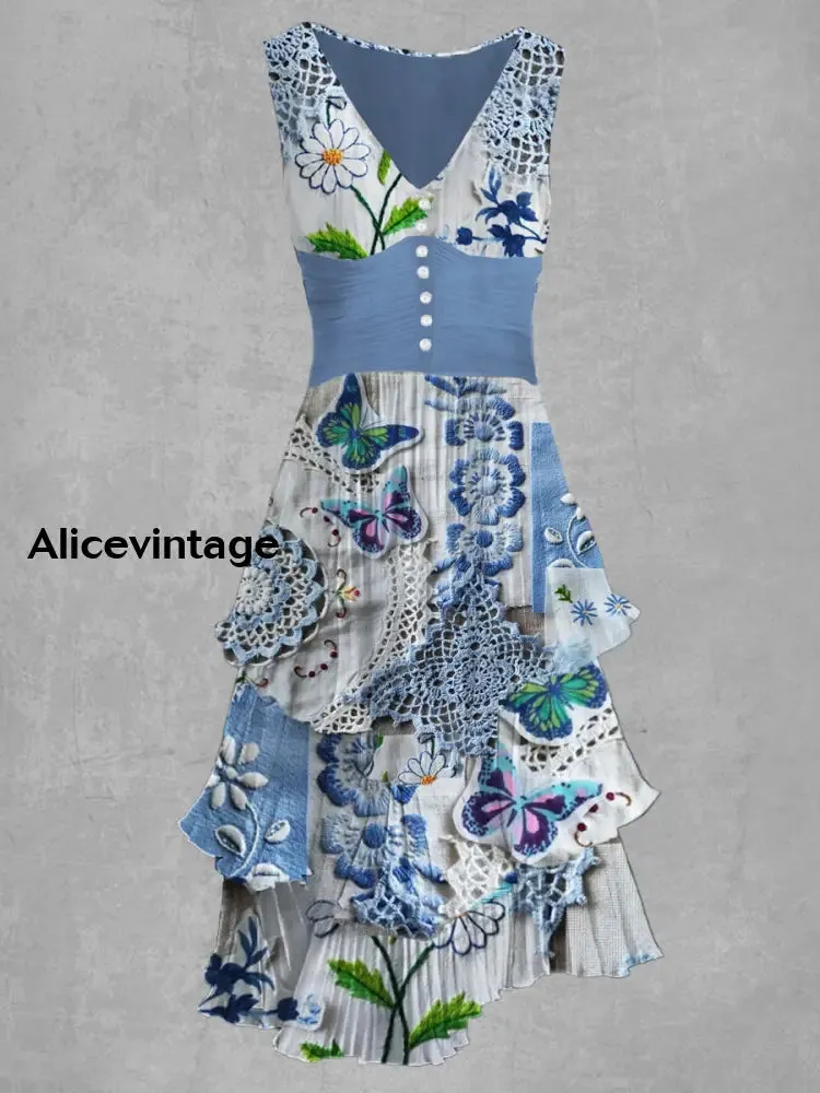 Floral Print V Neck Retro Chic Midi Dress