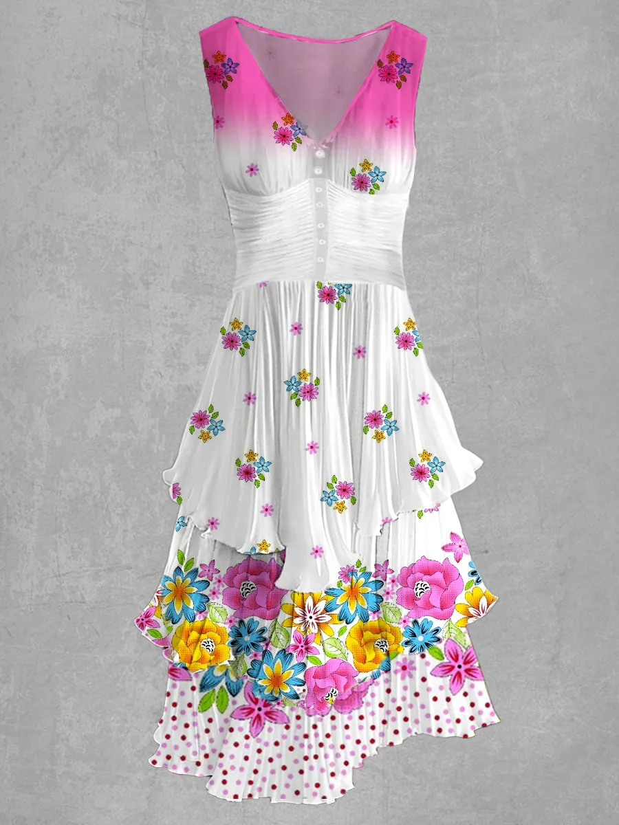 Floral Print V Neck Retro Chic Midi Dress