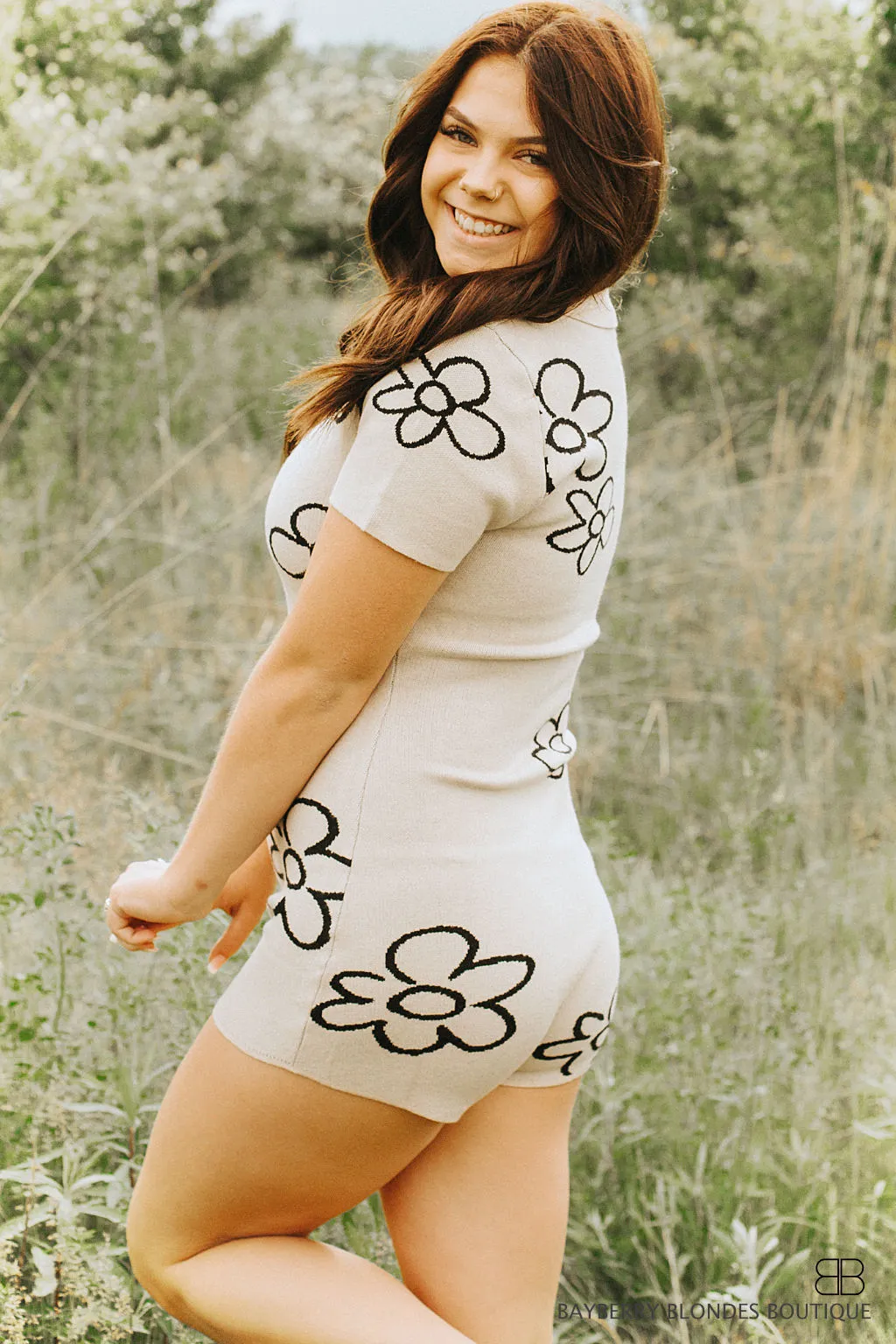 Floral Short Romper -Cream W/ Black Outline Flowers