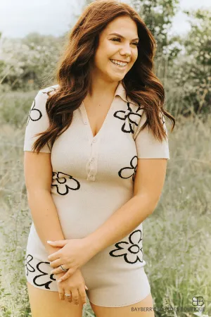 Floral Short Romper -Cream W/ Black Outline Flowers