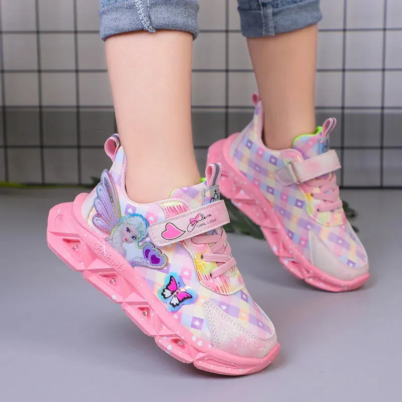 Girl's Sports Shoes Led Lights Sneaker Cartoon Princess PU Leather Girls' Pink Children's Running Shoes