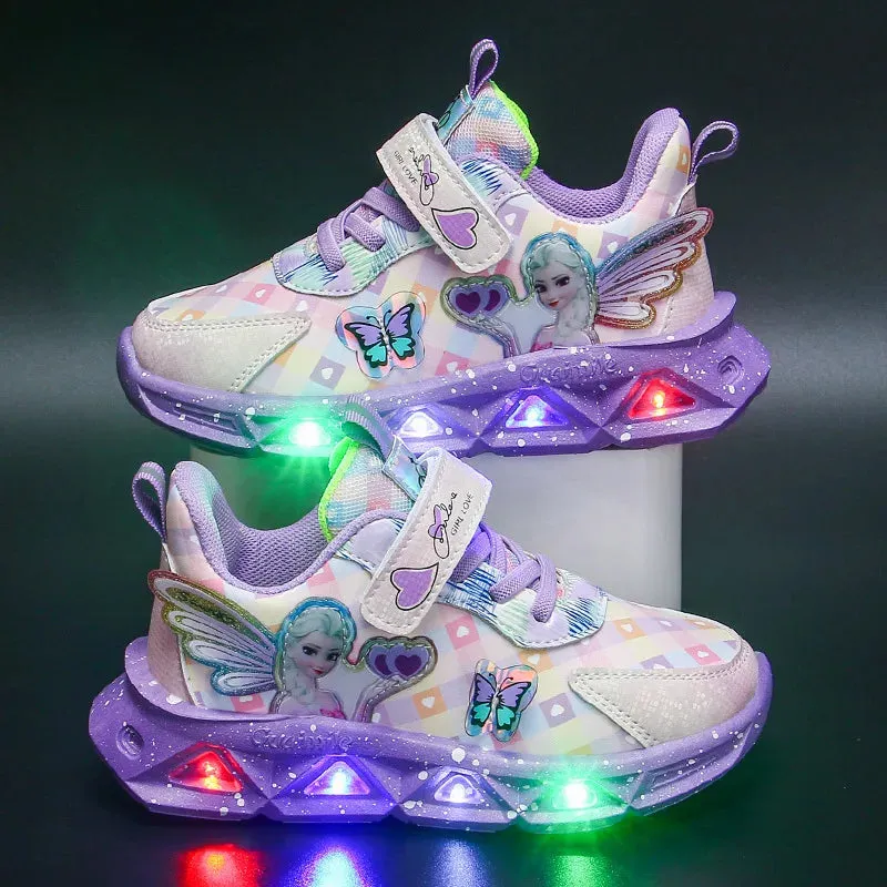 Girl's Sports Shoes Led Lights Sneaker Cartoon Princess PU Leather Girls' Pink Children's Running Shoes