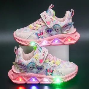 Girl's Sports Shoes Led Lights Sneaker Cartoon Princess PU Leather Girls' Pink Children's Running Shoes