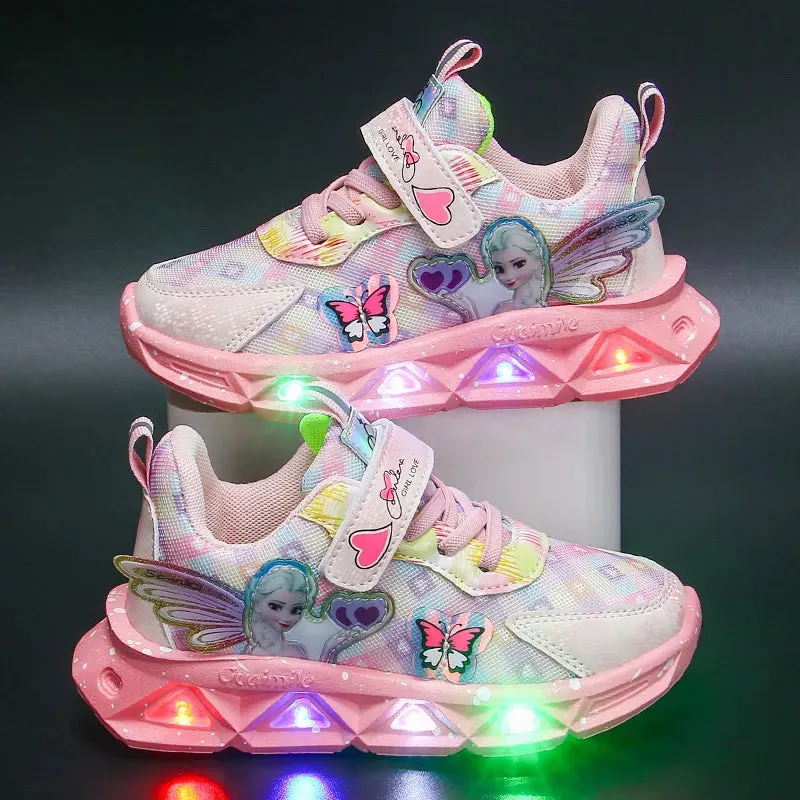 Girl's Sports Shoes Led Lights Sneaker Cartoon Princess PU Leather Girls' Pink Children's Running Shoes