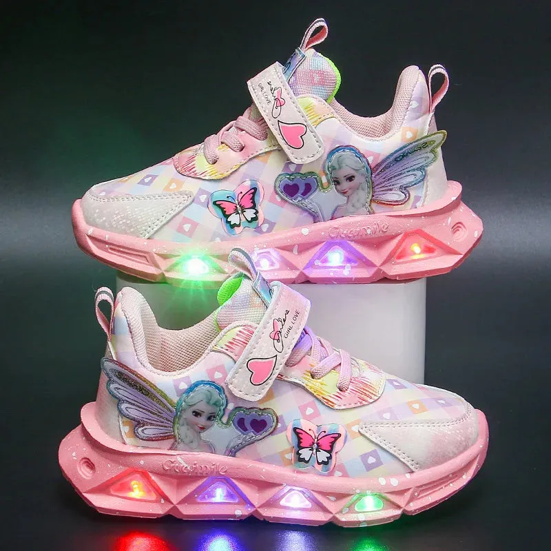 Girl's Sports Shoes Led Lights Sneaker Cartoon Princess PU Leather Girls' Pink Children's Running Shoes