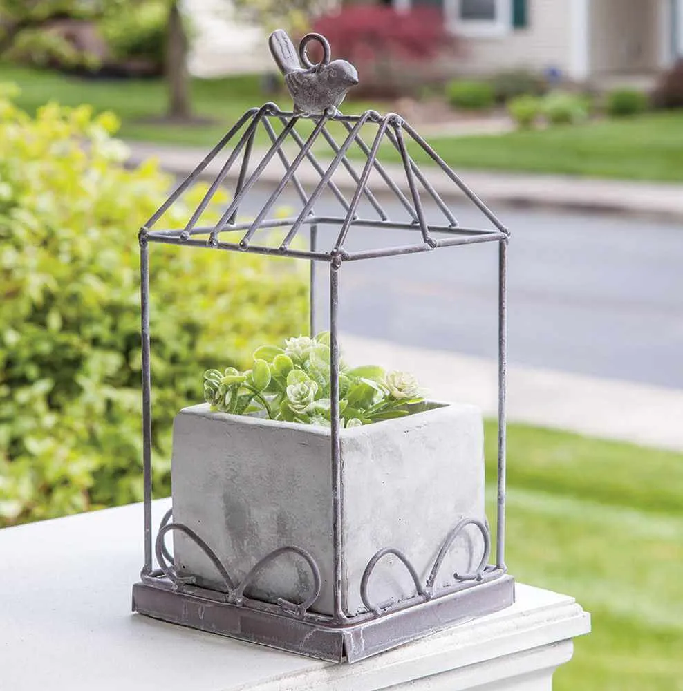 Graywash Metal Birdcage With Cement Planter