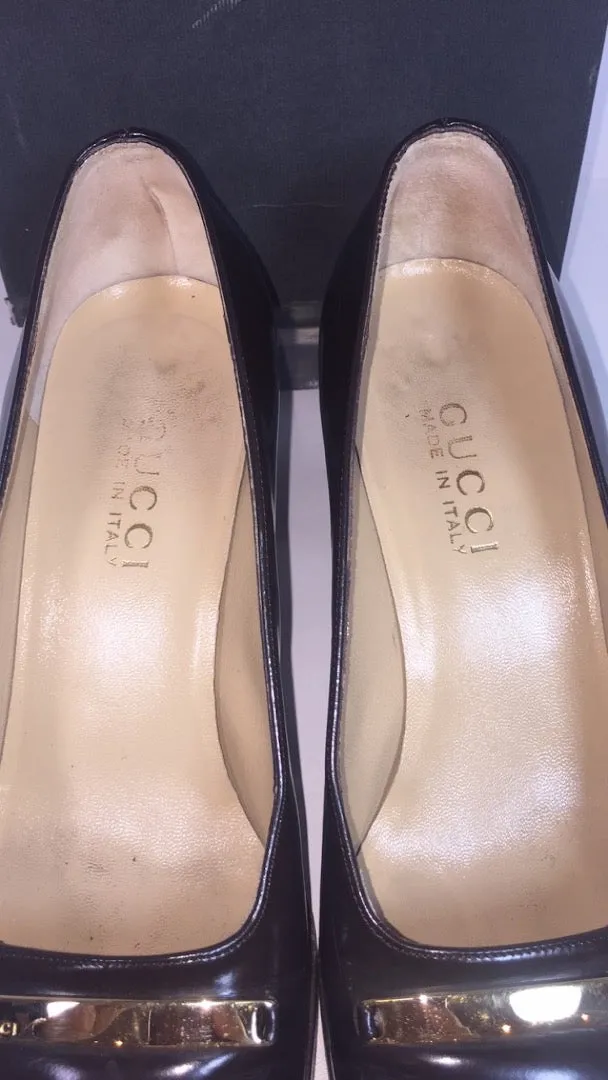 GUCCI Brown Patent Leather Gold Logo Block Heel With Box Size 7 1/2