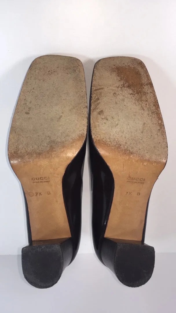 GUCCI Brown Patent Leather Gold Logo Block Heel With Box Size 7 1/2