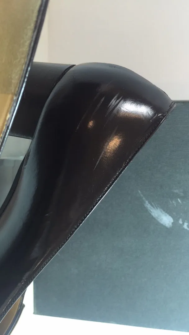 GUCCI Brown Patent Leather Gold Logo Block Heel With Box Size 7 1/2