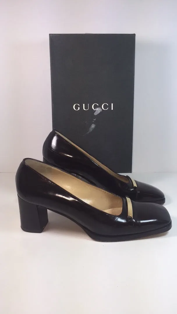 GUCCI Brown Patent Leather Gold Logo Block Heel With Box Size 7 1/2