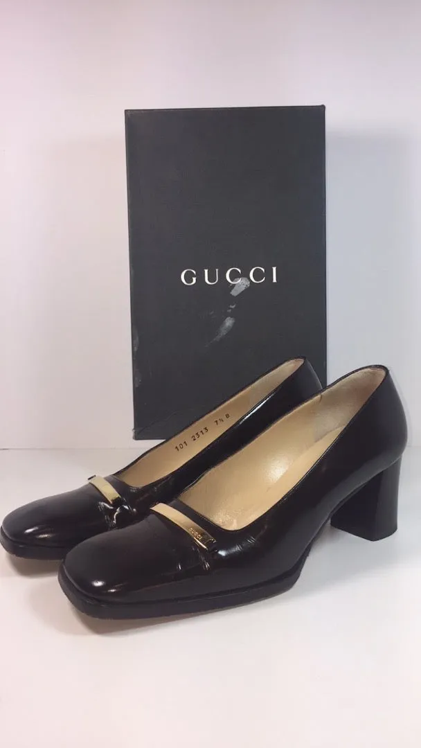 GUCCI Brown Patent Leather Gold Logo Block Heel With Box Size 7 1/2