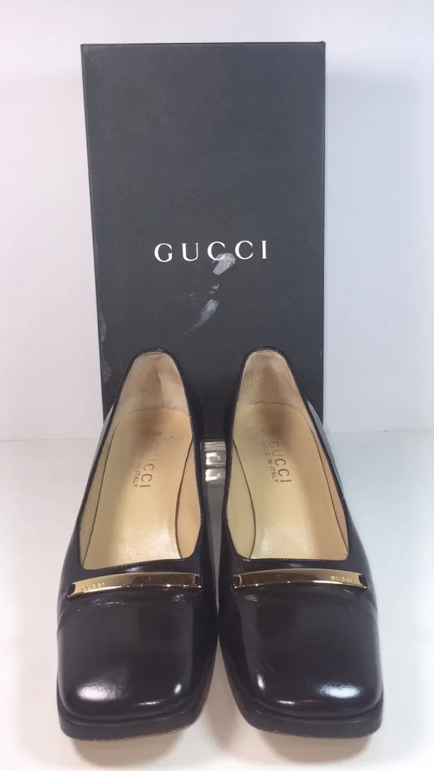 GUCCI Brown Patent Leather Gold Logo Block Heel With Box Size 7 1/2