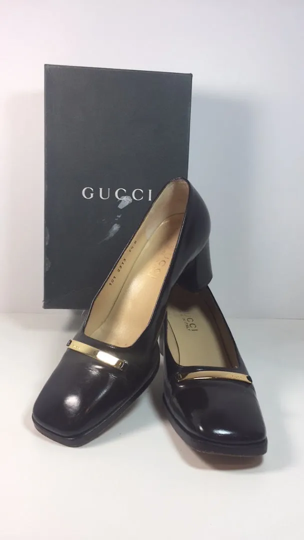 GUCCI Brown Patent Leather Gold Logo Block Heel With Box Size 7 1/2