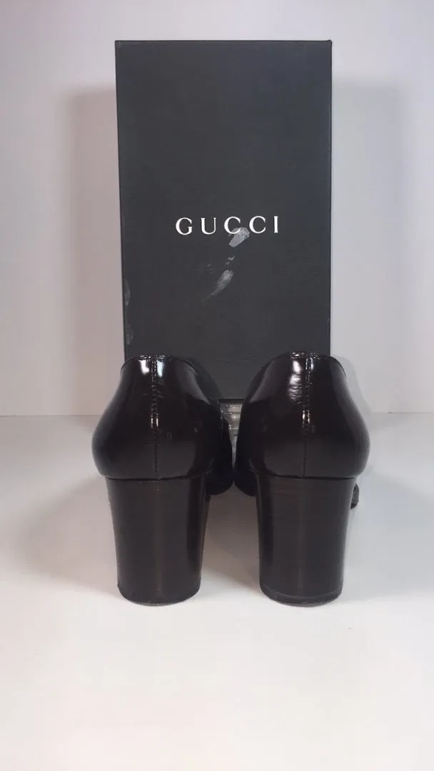 GUCCI Brown Patent Leather Gold Logo Block Heel With Box Size 7 1/2