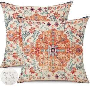 Gujiahone Outdoor Waterproof Pillow Covers 18X18 Inch Set of 2 - Bohemian Vintage Carpet Pattern Orange Blue Ethnic Design Decorative Farmhouse for Couch Garden Balcony