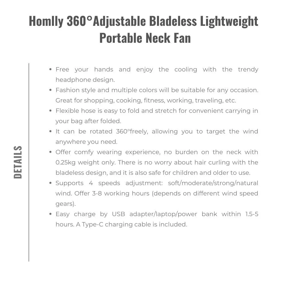 Homlly  360°Adjustable Bladeless Lightweight Portable Neck Fan