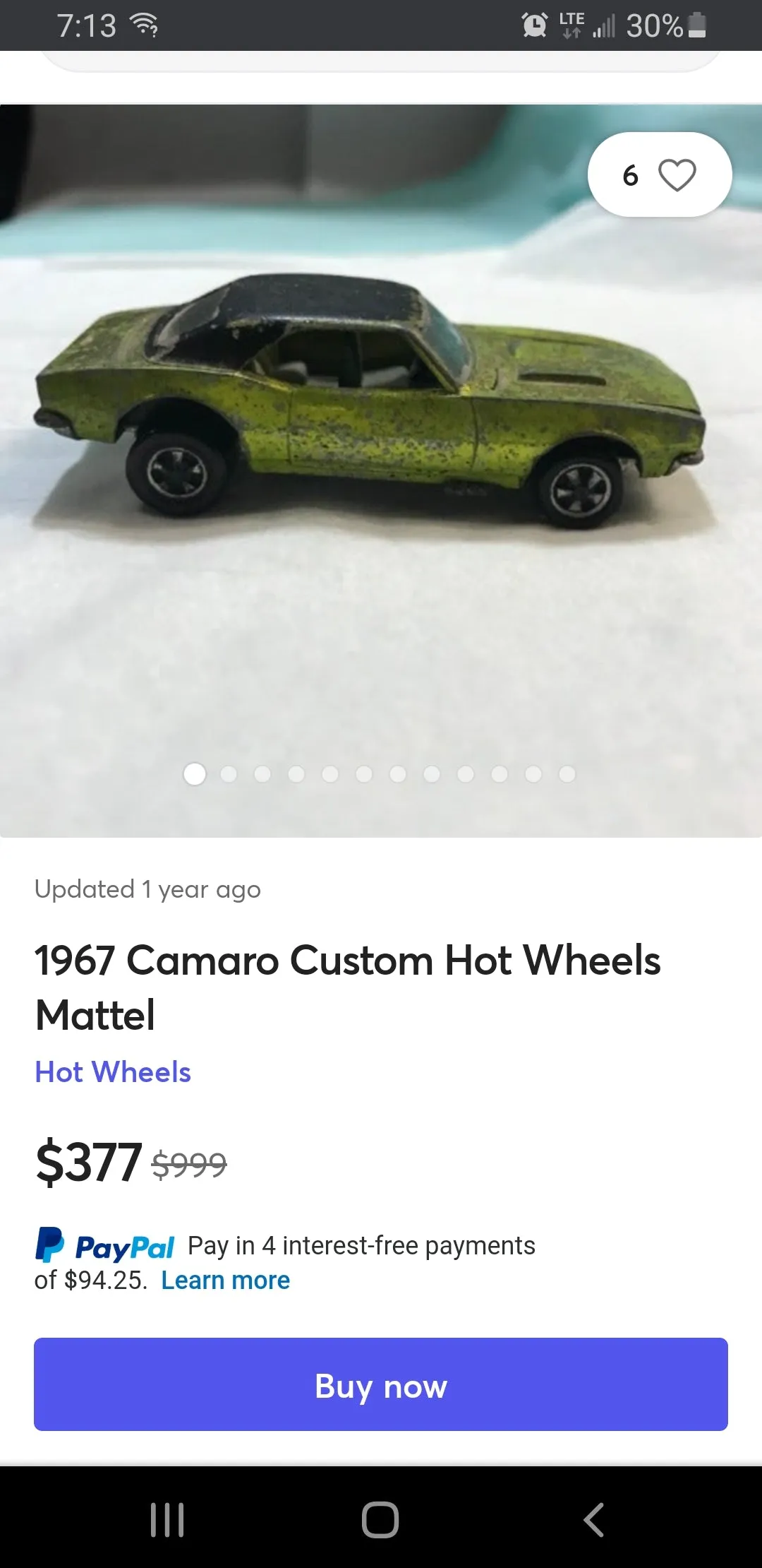 HOT WHEEL 1967 1st RELEASE GREEN W/BLACK TOP CUSTOM CAMARO